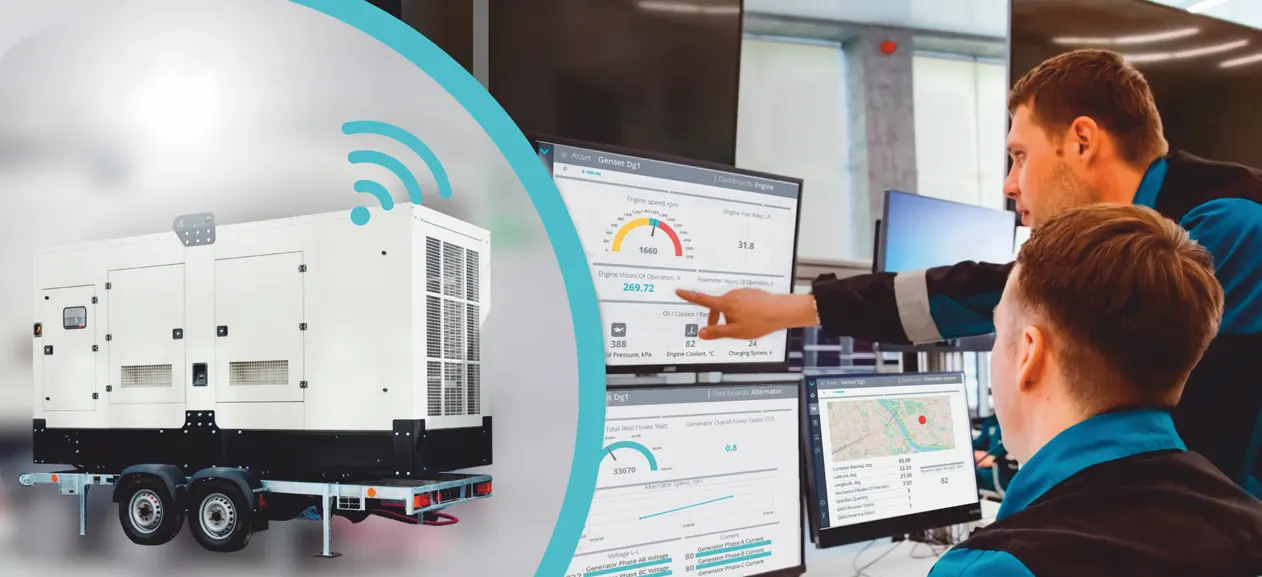 Engineers reviewing generator telemetry beside a diesel generator